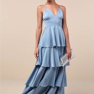 Lulus Going with Elegance Slate Blue Satin Tiered Gown